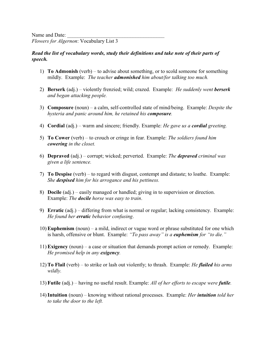 Flowers for Algernon: Vocabulary List 3