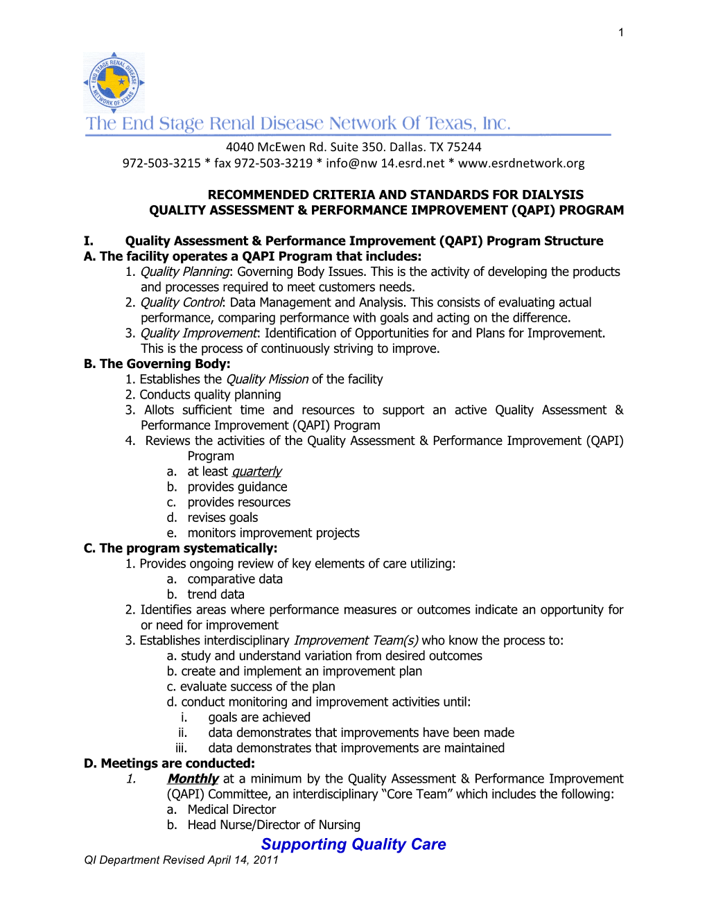 Recommended Criteria and Standards for Dialysis