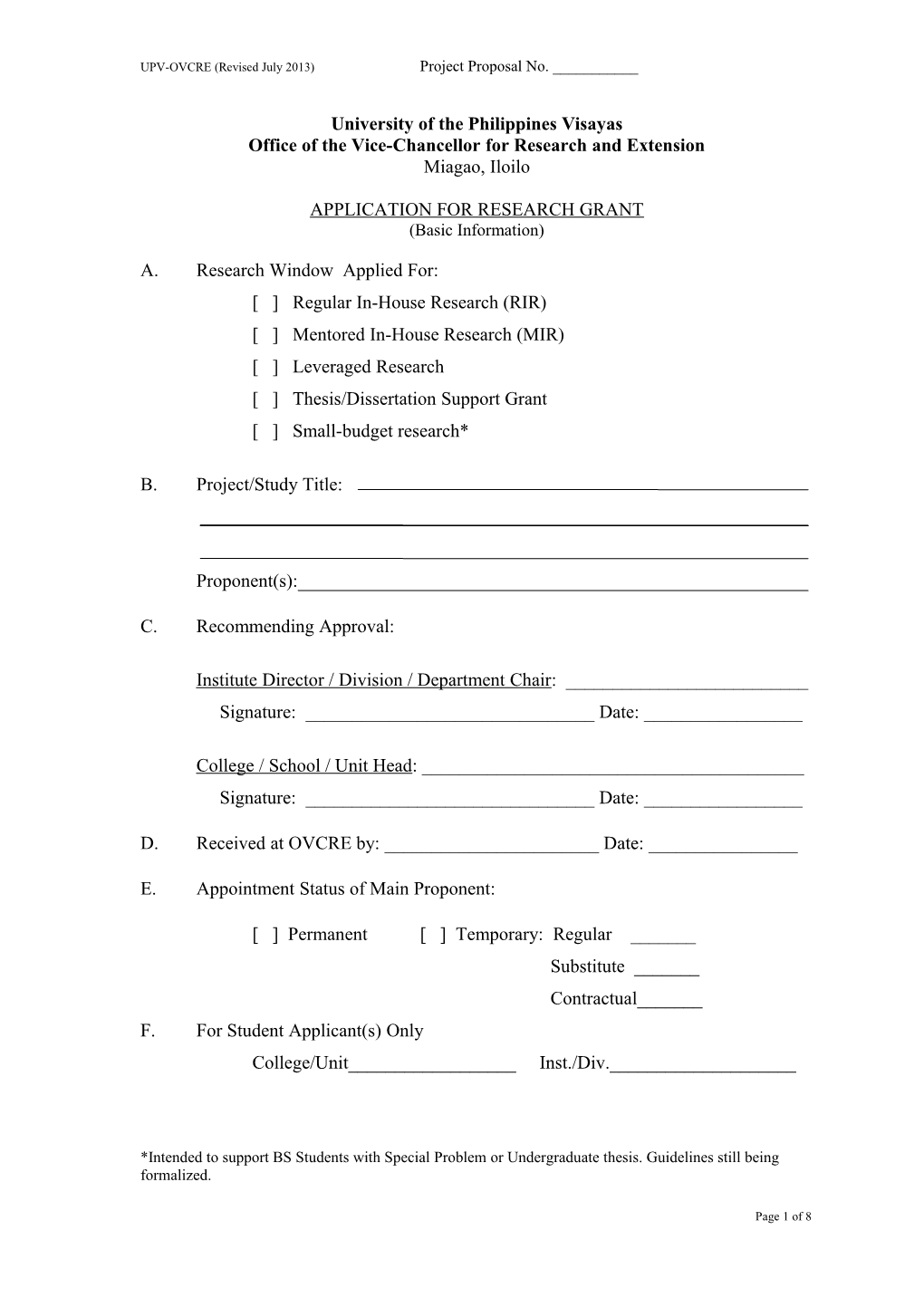 UPV-OVCRE Form No