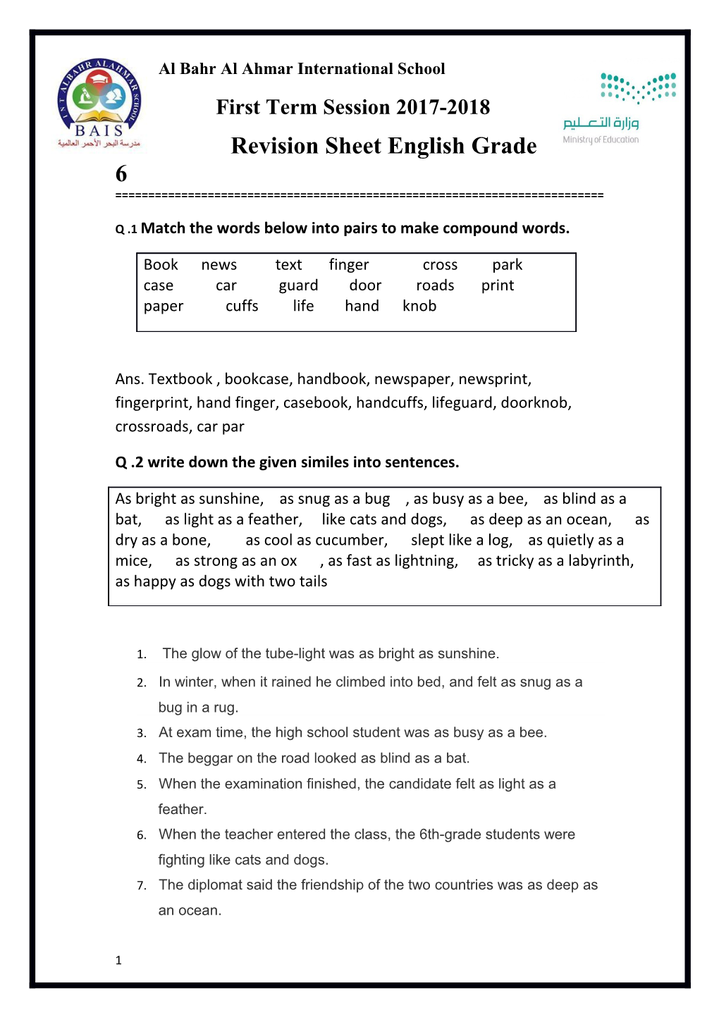 Q .1 Match the Words Below Into Pairs to Make Compound Words