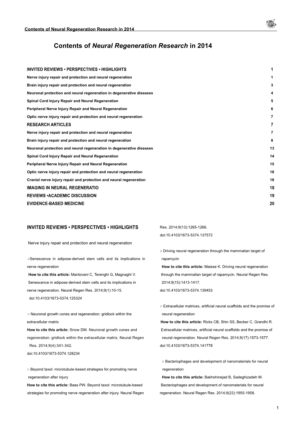 Contents of Neural Regeneration Research in 2014