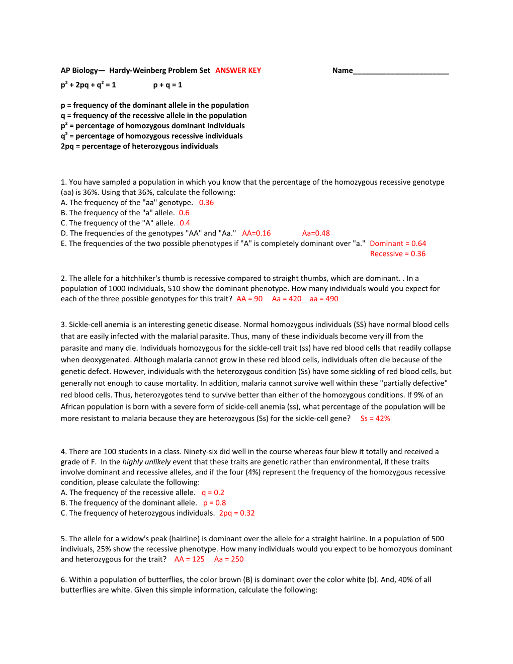 AP Biology Hardy-Weinberg Problem Set ANSWER Keyname______