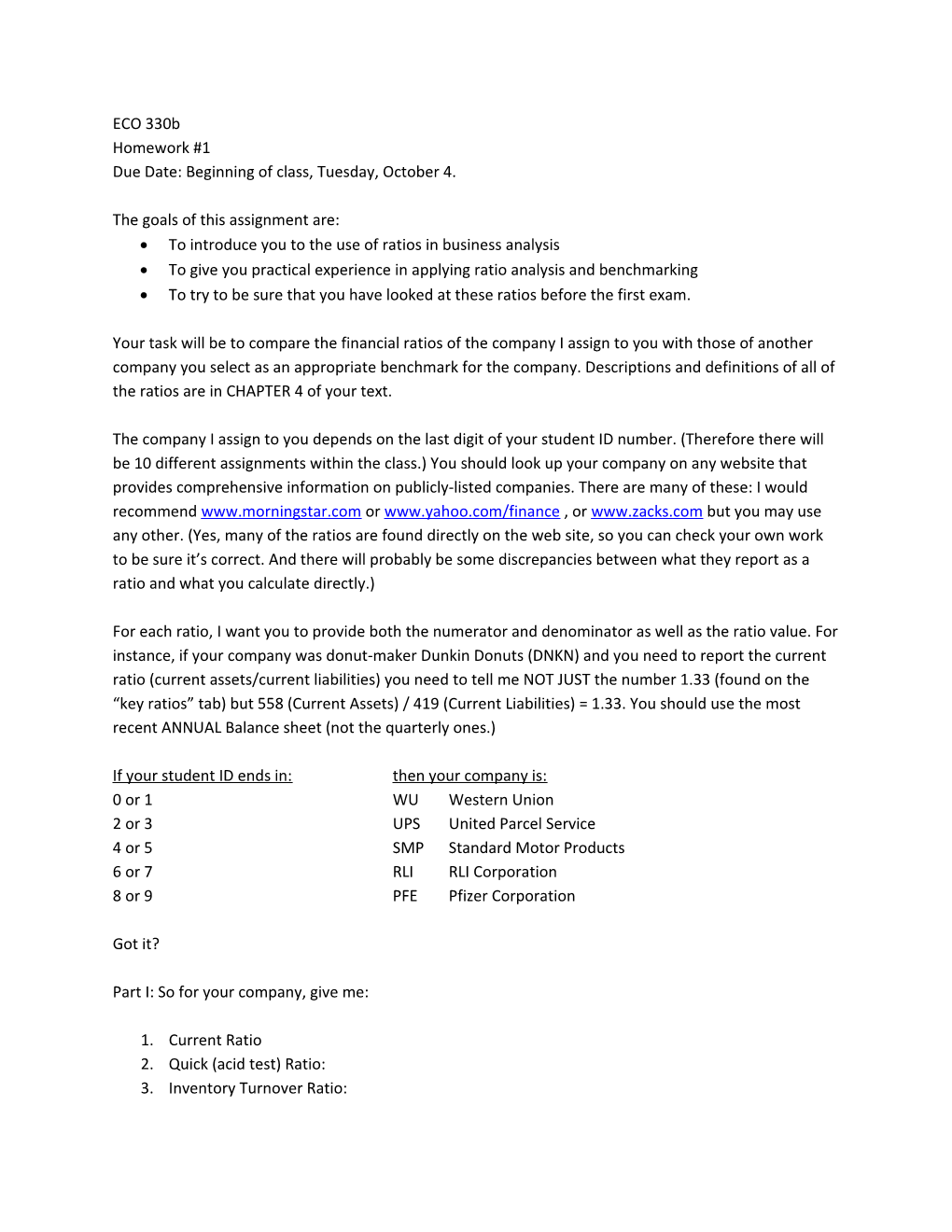 Due Date: Beginning of Class, Tuesday, October 4