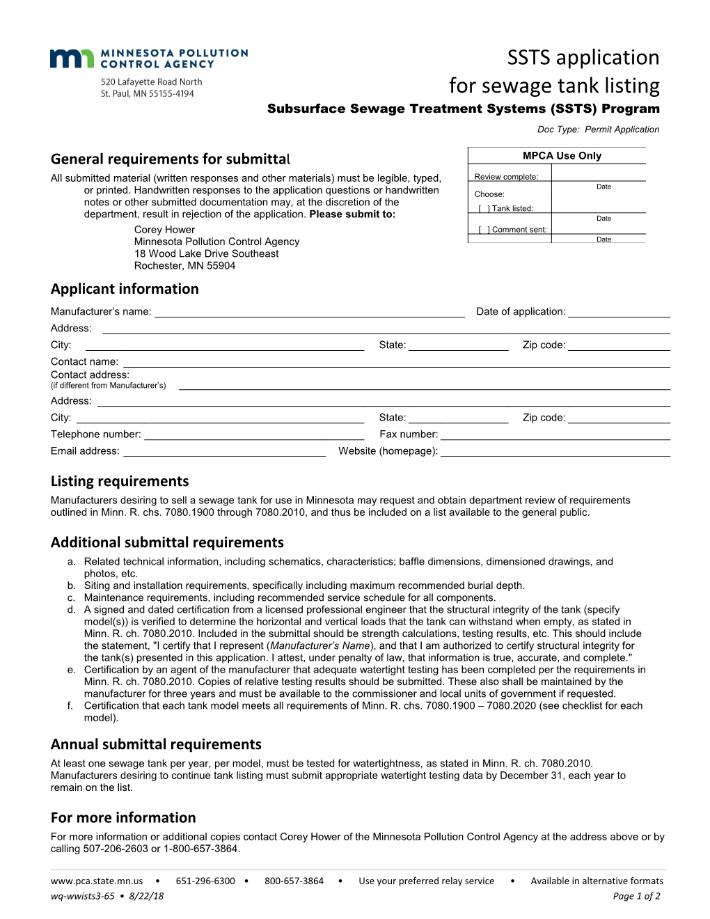 SSTS Application for Sewage Tank Listing - Subsurface Sewage Treatment Systems (SSTS) Program