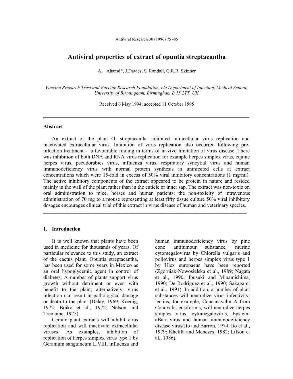 Antiviral Properties of Extract of Opuntia Streptacantha