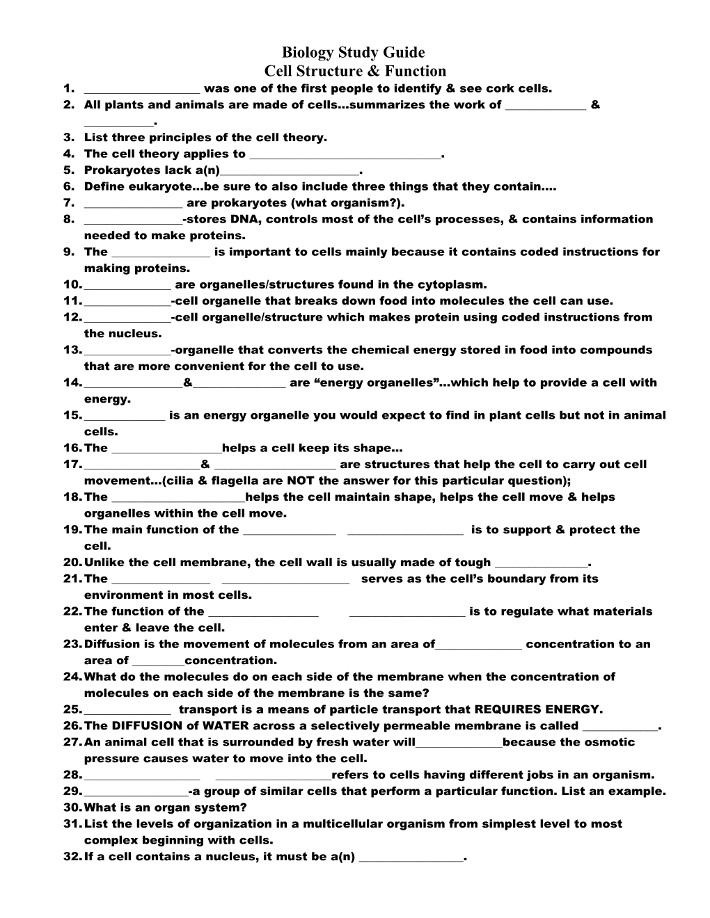 Biology Study Guide CH 7 Cell Structure & Function