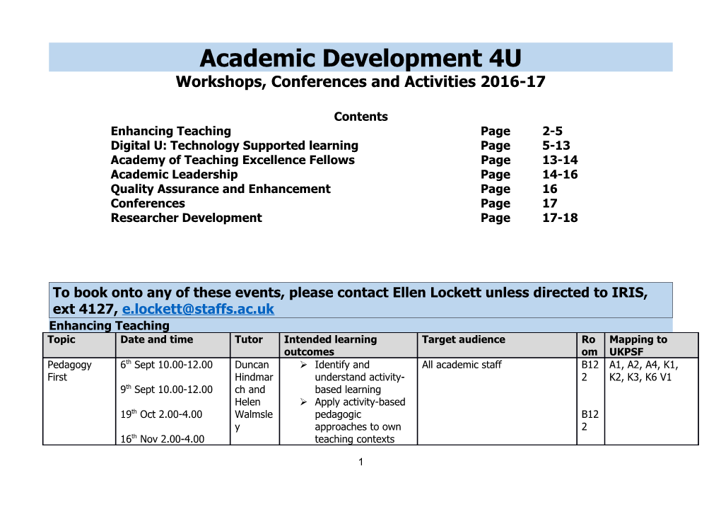 Workshops, Conferences and Activities 2016-17