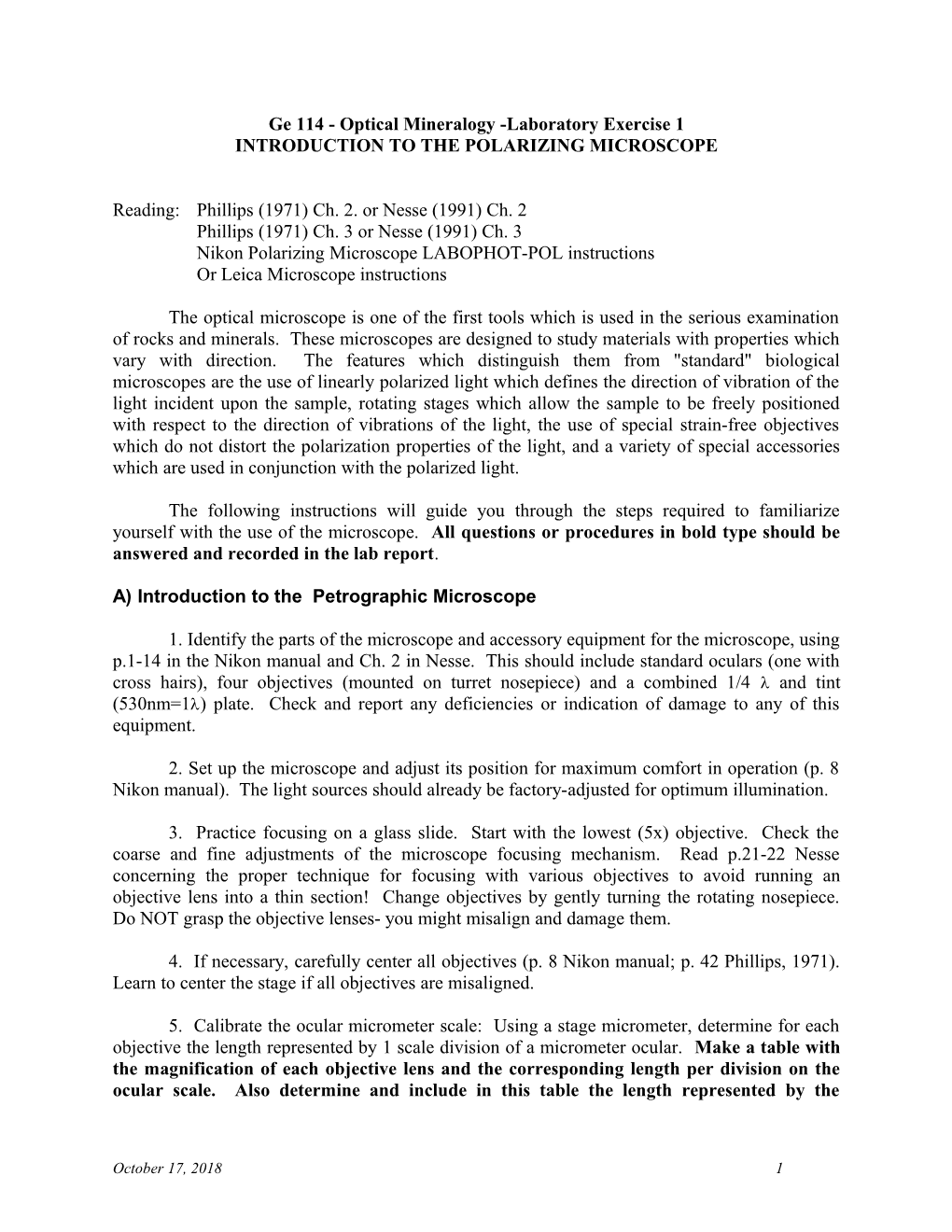 Ge 114 - Optical Mineralogy -Laboratory Exercise #2