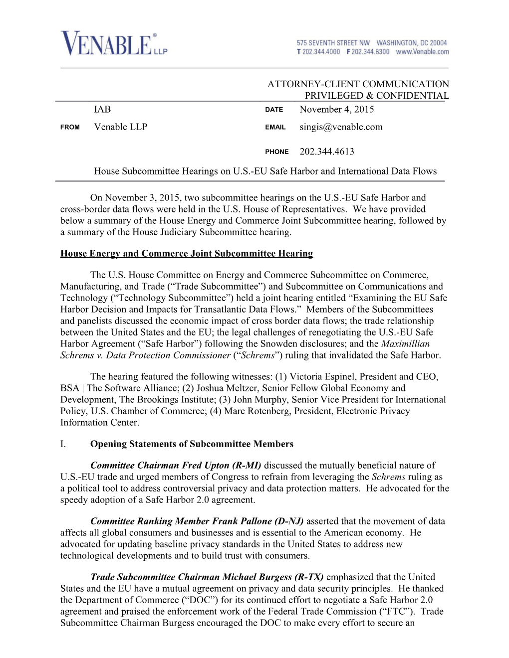 House Energy and Commerce Joint Subcommittee Hearing