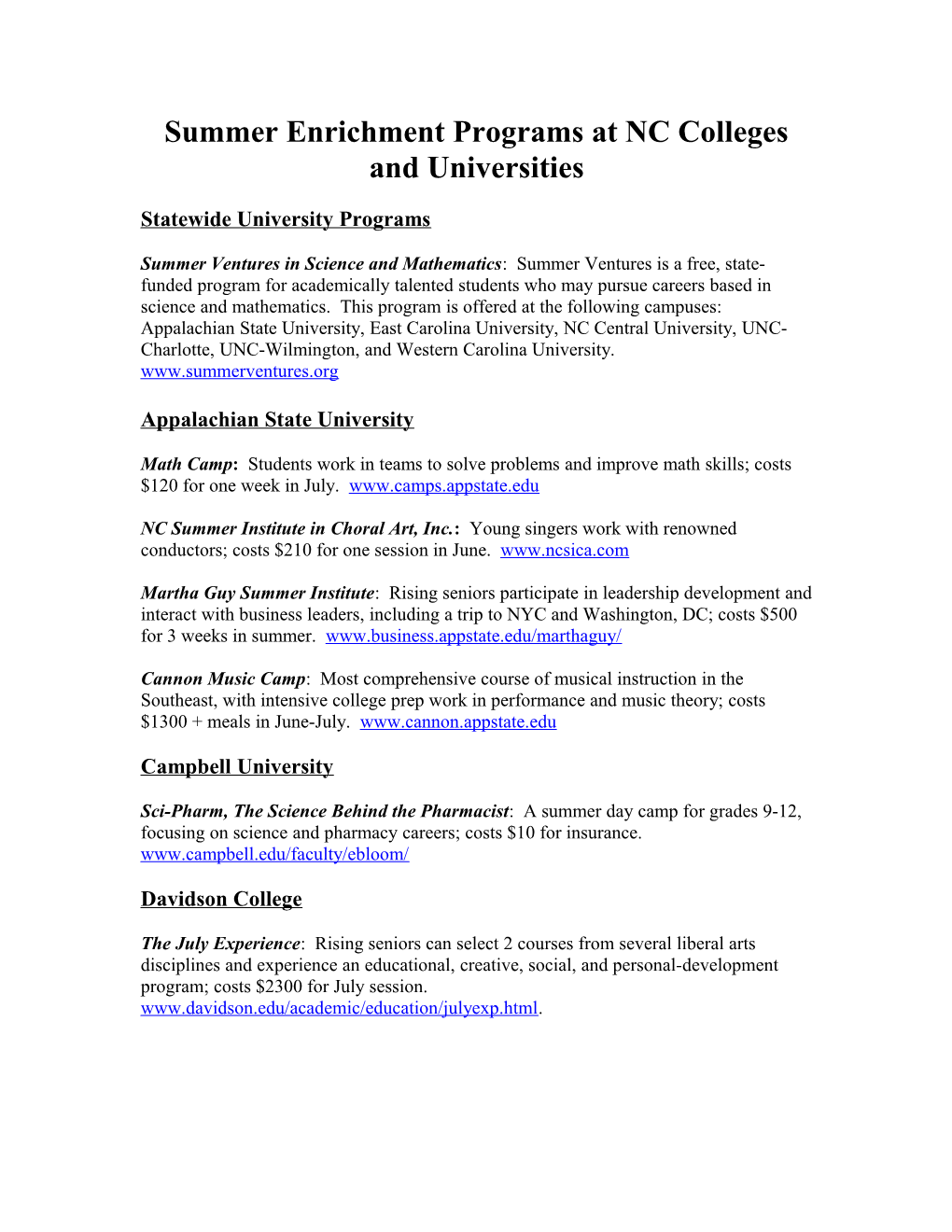 Summer Enrichment Programs at NC Colleges and Universities