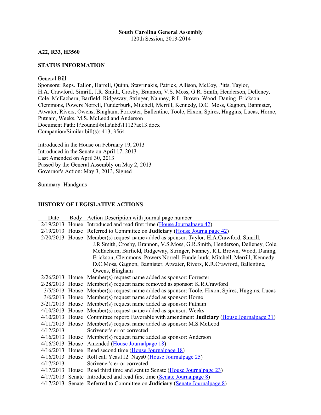 2013-2014 Bill 3560: Handguns - South Carolina Legislature Online