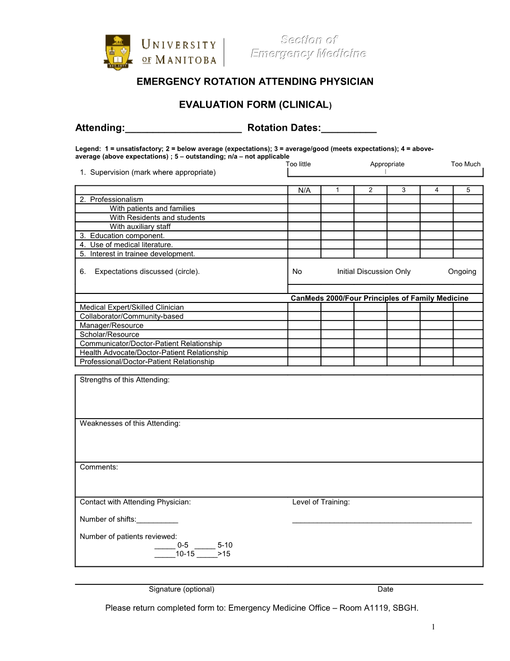 Emergency Rotation Attending Evaluation Form