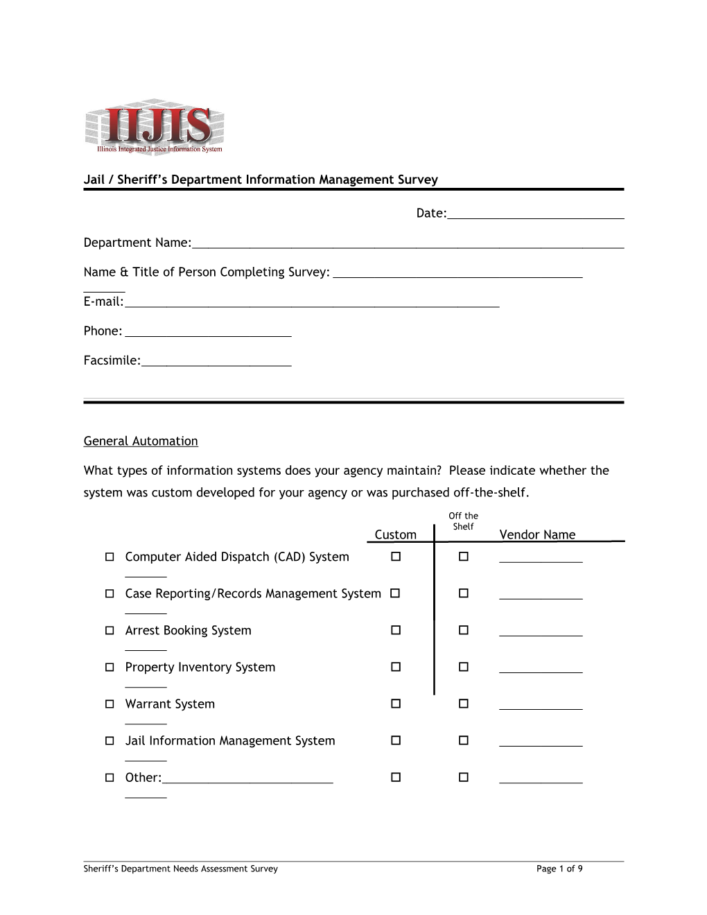 Jail / Sheriff S Department Information Management Survey