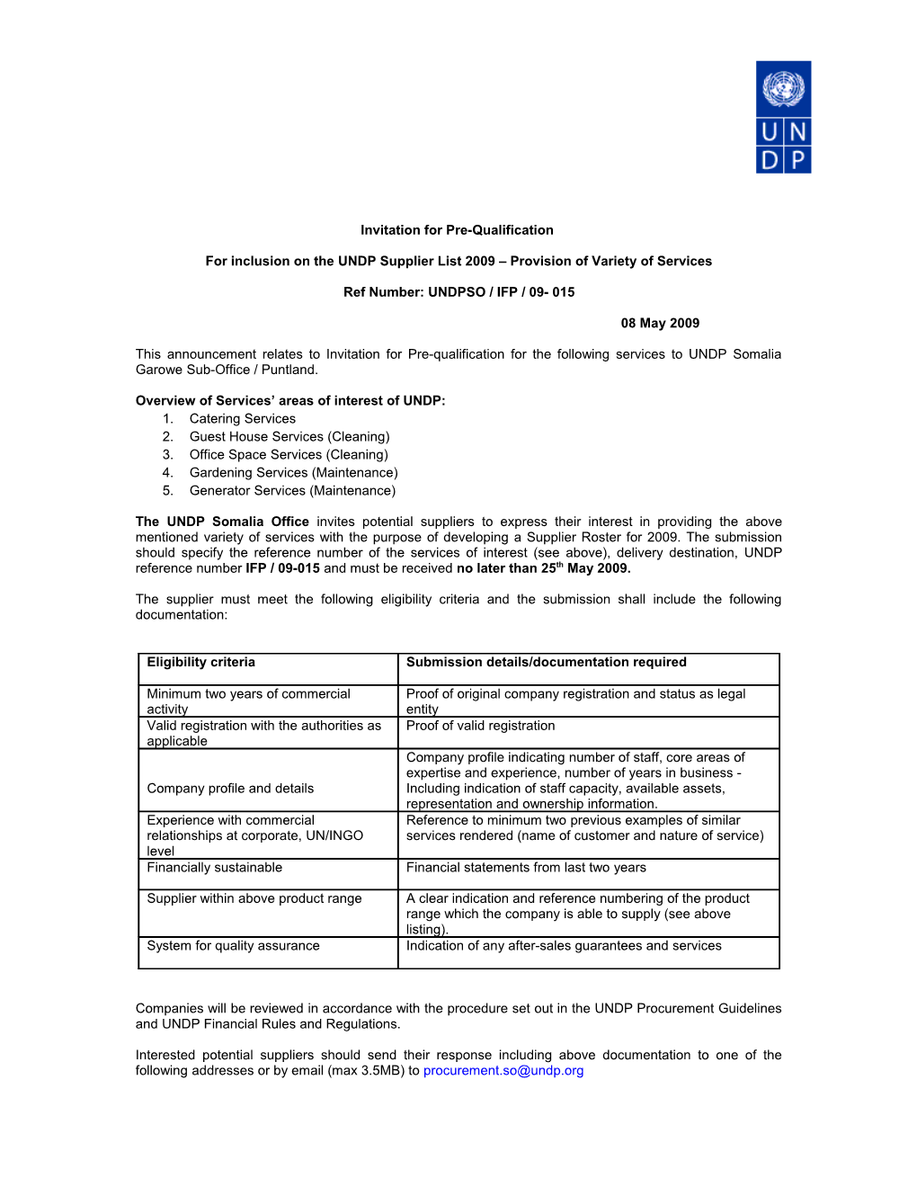 UNDP Expression of Interest