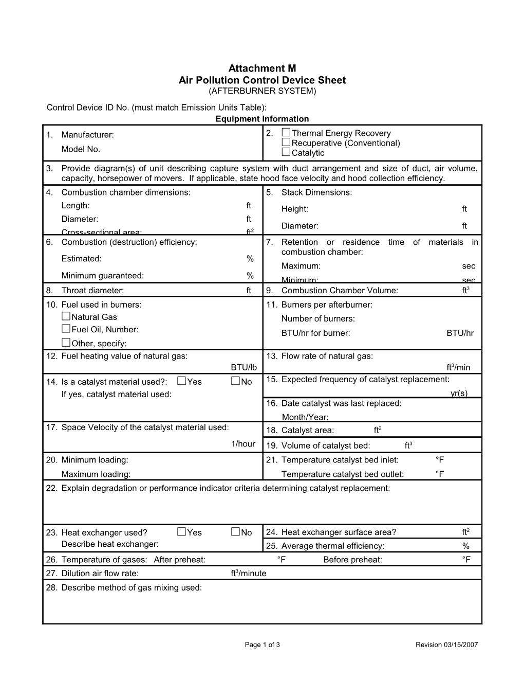 Air Pollution Control Device Sheet