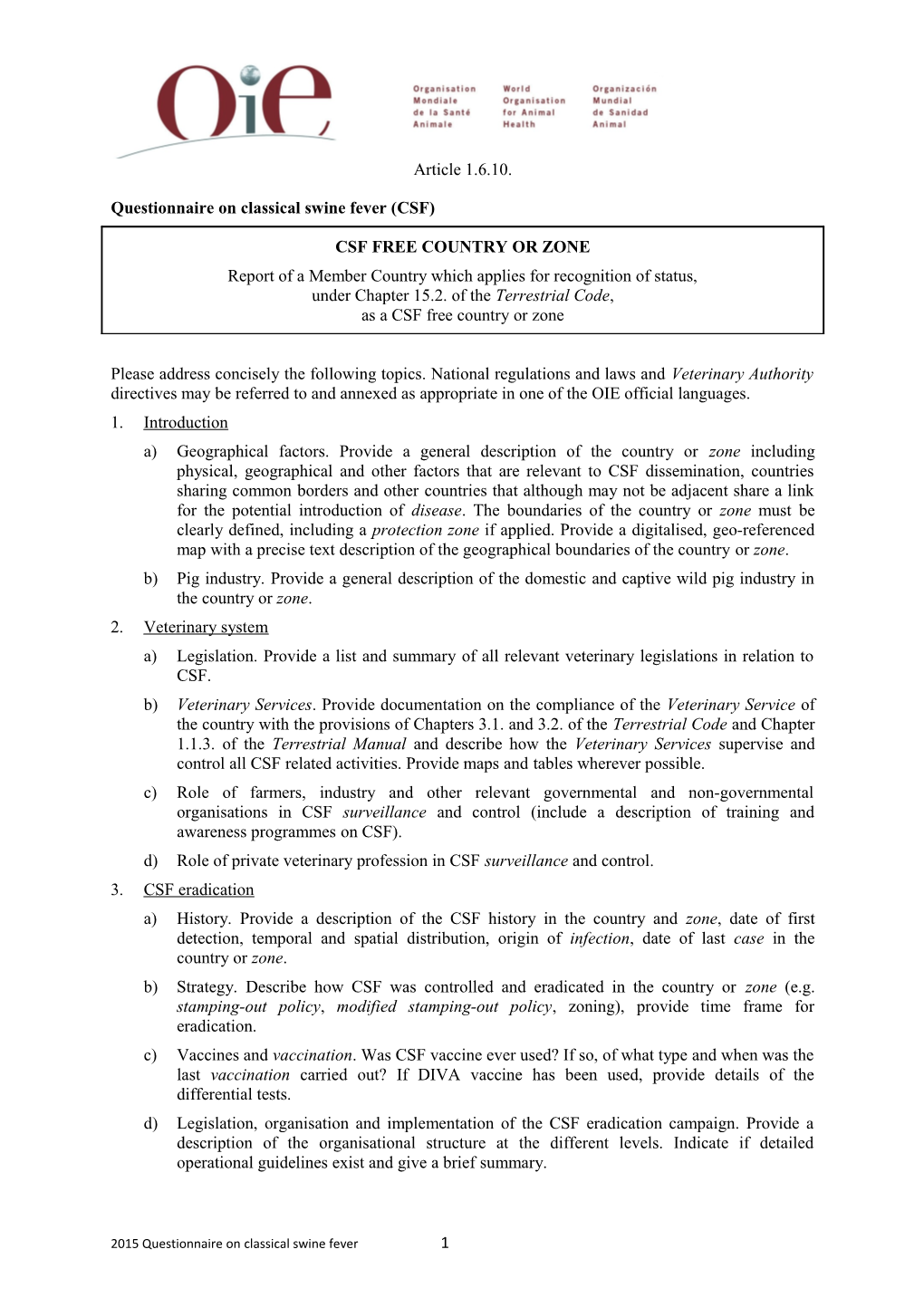 Questionnaire on Classical Swine Fever (CSF)