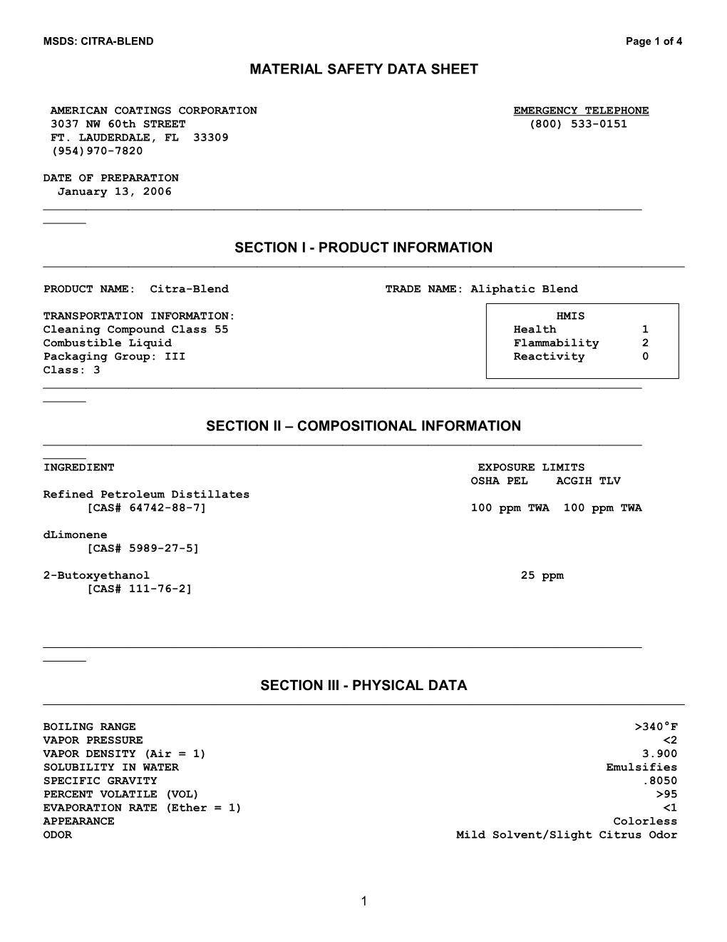 MSDS: CITRA-BLEND Page 1 of 3