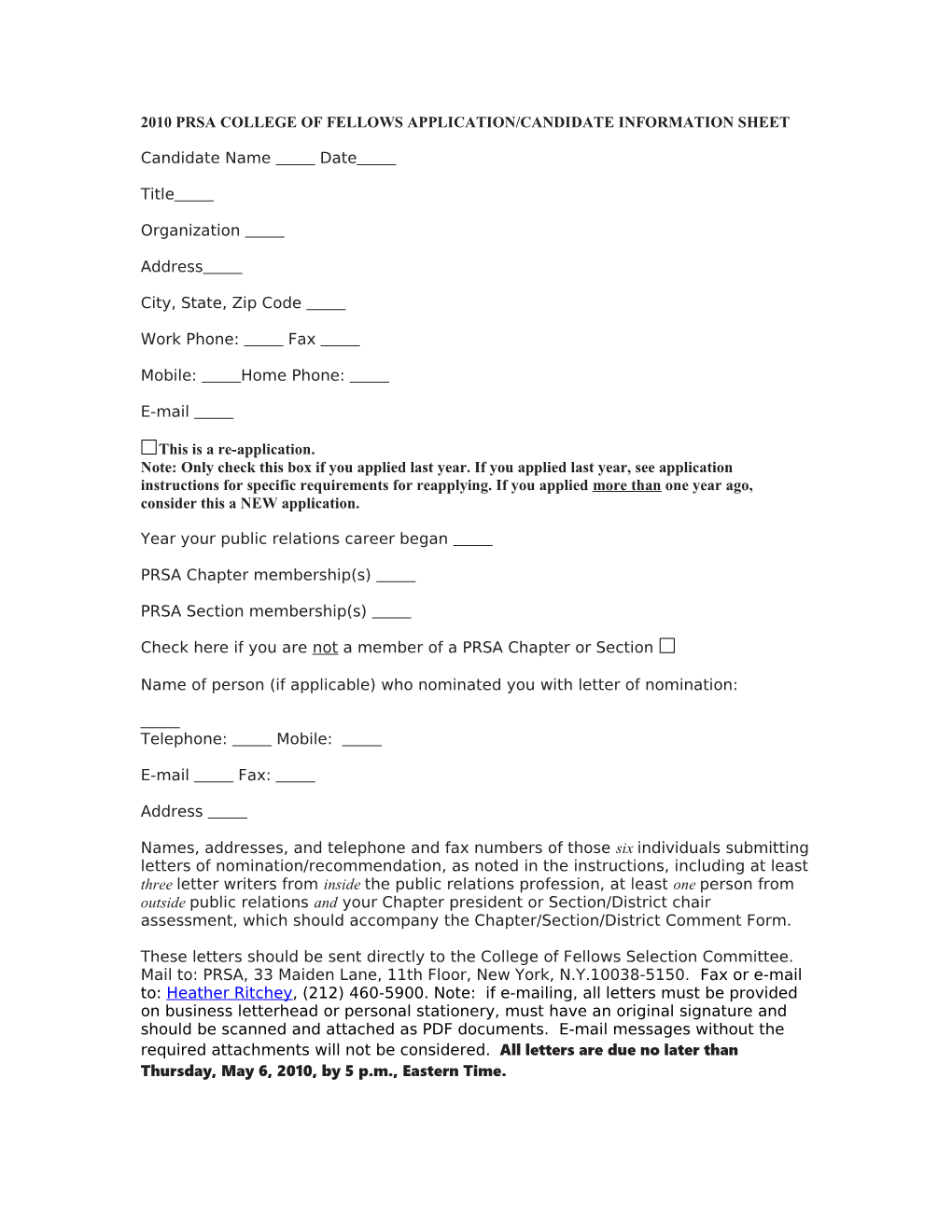 2010 Prsa College of Fellows Application/Candidate Information Sheet