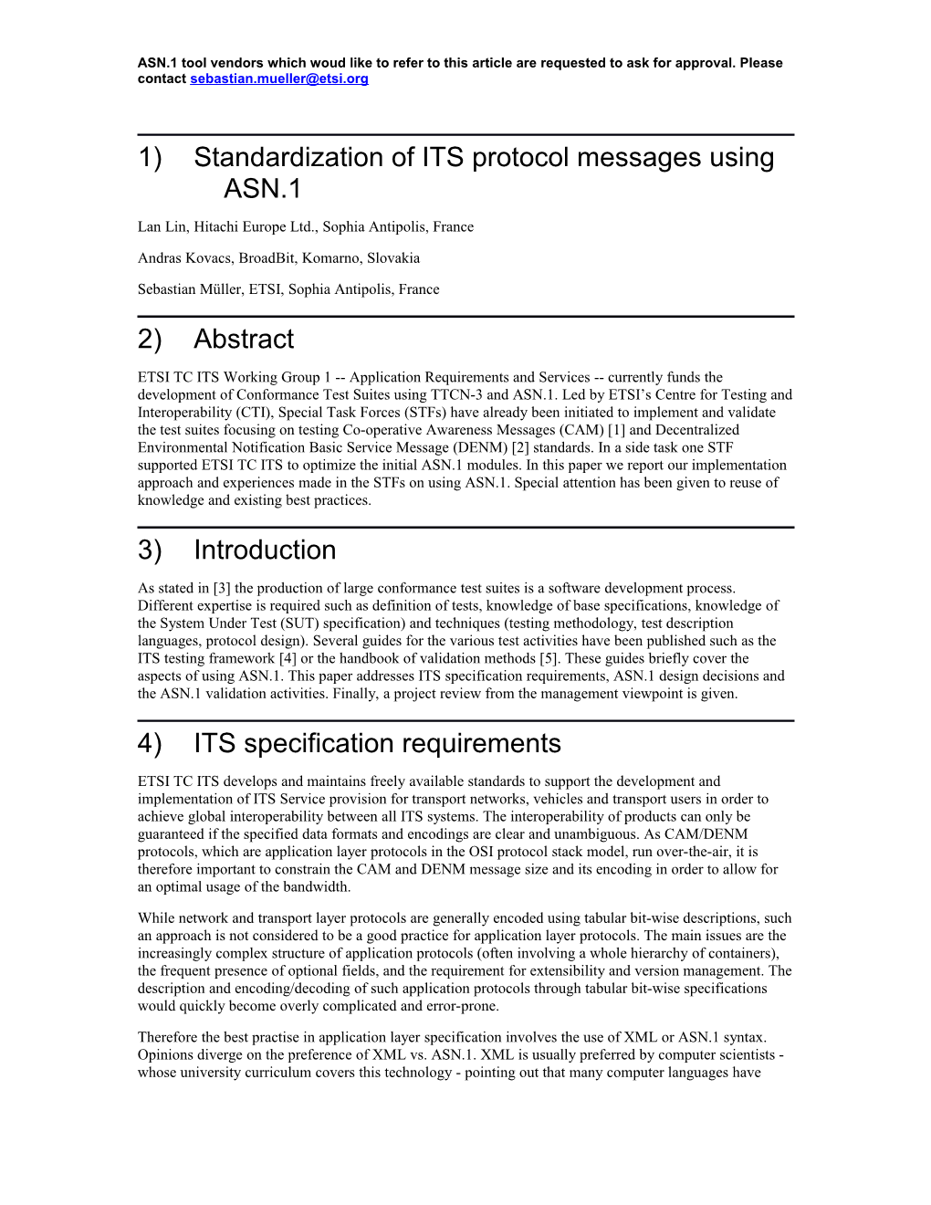 Standardization of ITS Protocol Messages Using ASN.1