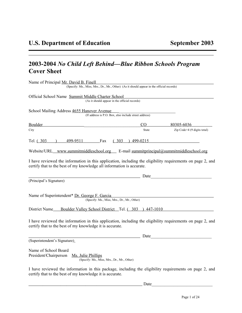 Summit Middle Charter School 2004 No Child Left Behind-Blue Ribbon School Application (Msword)