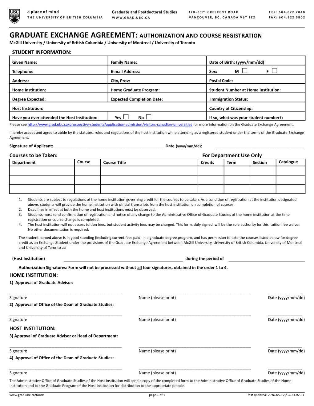 Graduate Exchange Agreement:Authorization and Course Registration