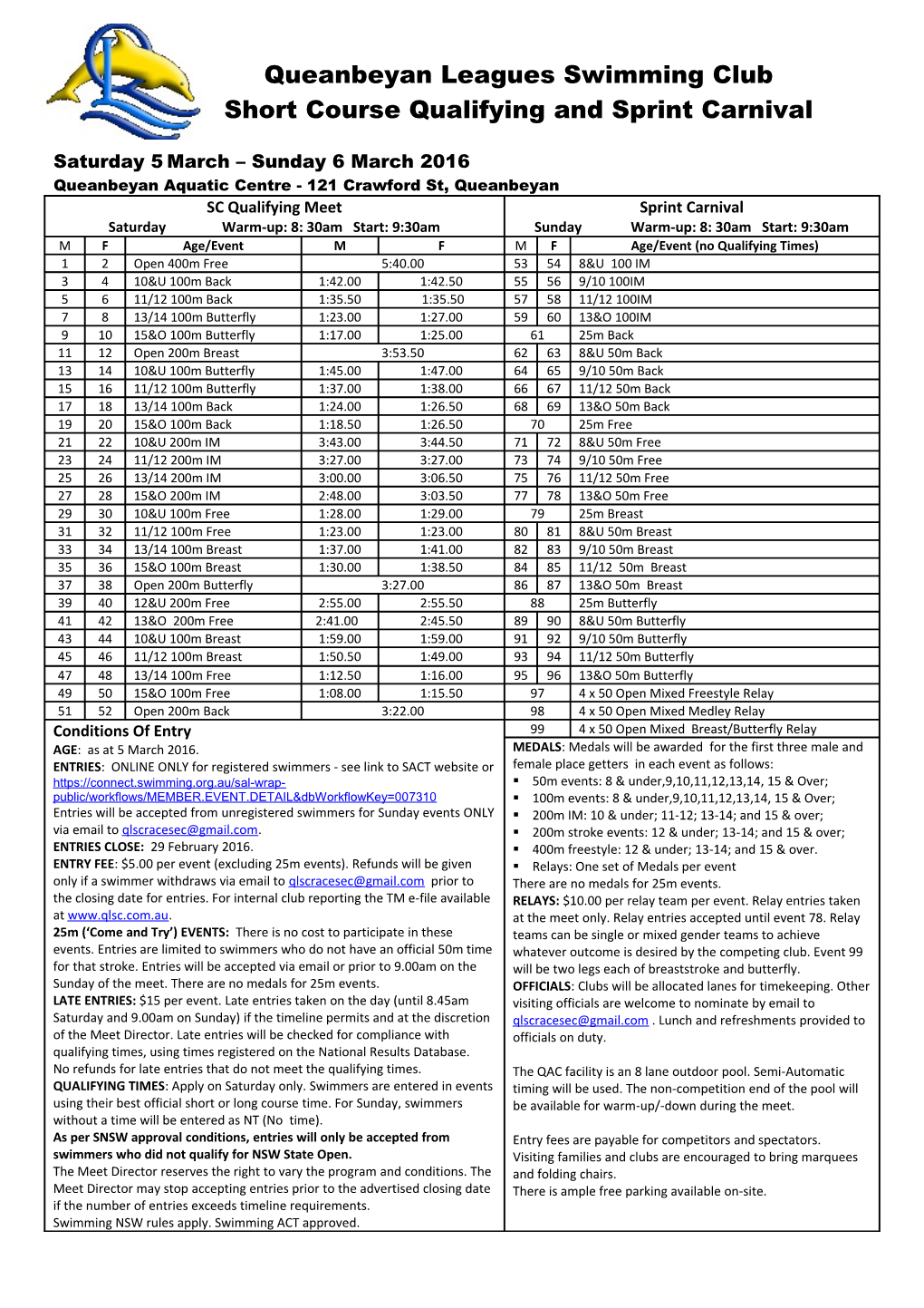 Queanbeyan Leagues Swimming Club Annual Qualifying Carnival