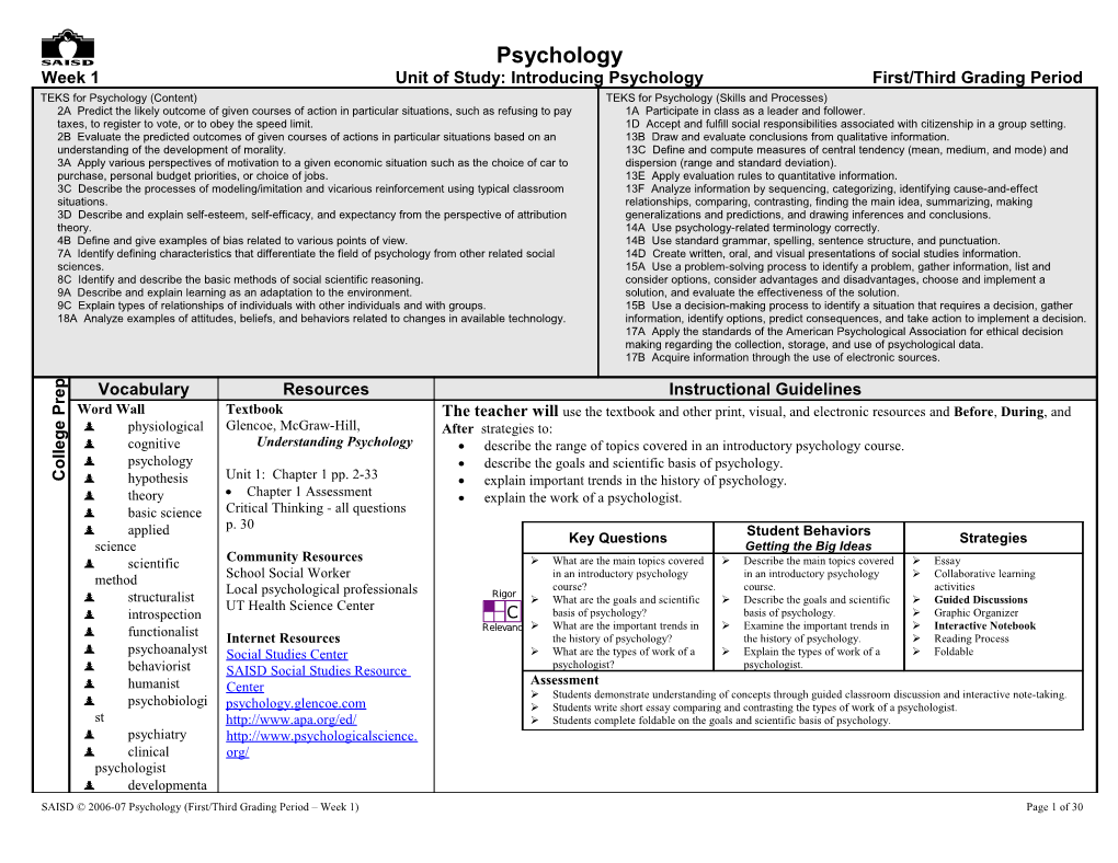 Week 1Unit of Study: Introducing Psychologyfirst/Third Grading Period