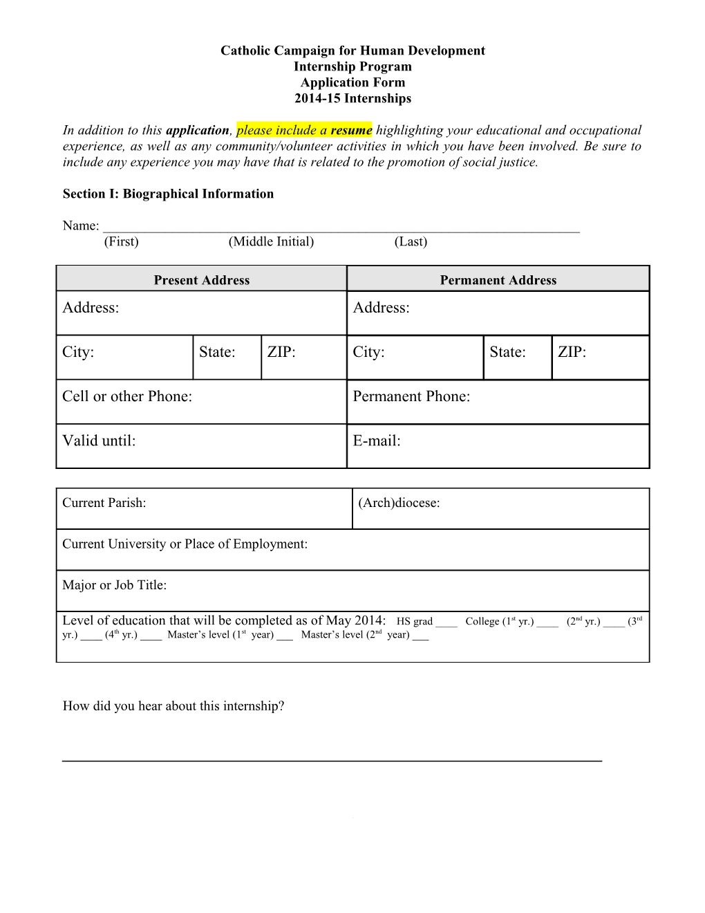 CCHD Intern Application Form