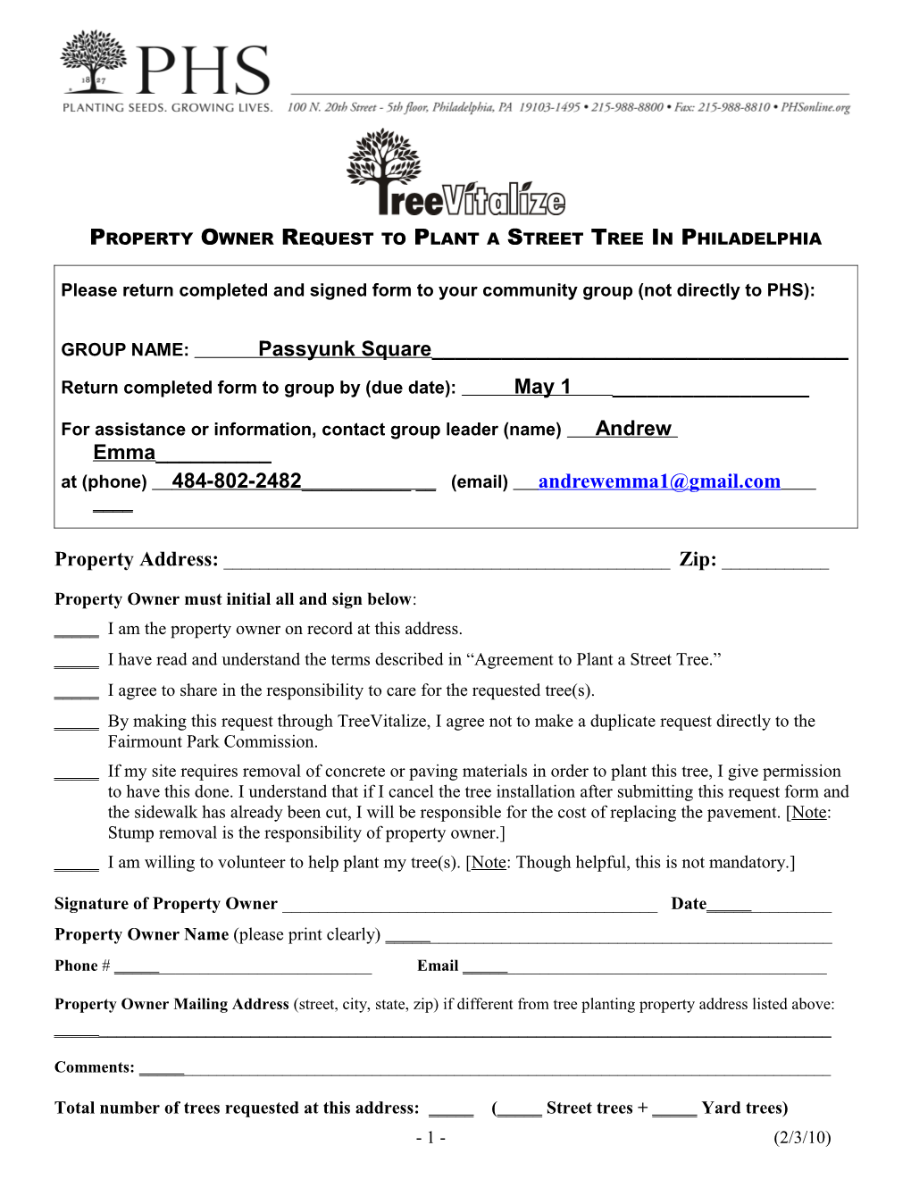 Property Owner Request to Plant a Street Tree in Philadelphia
