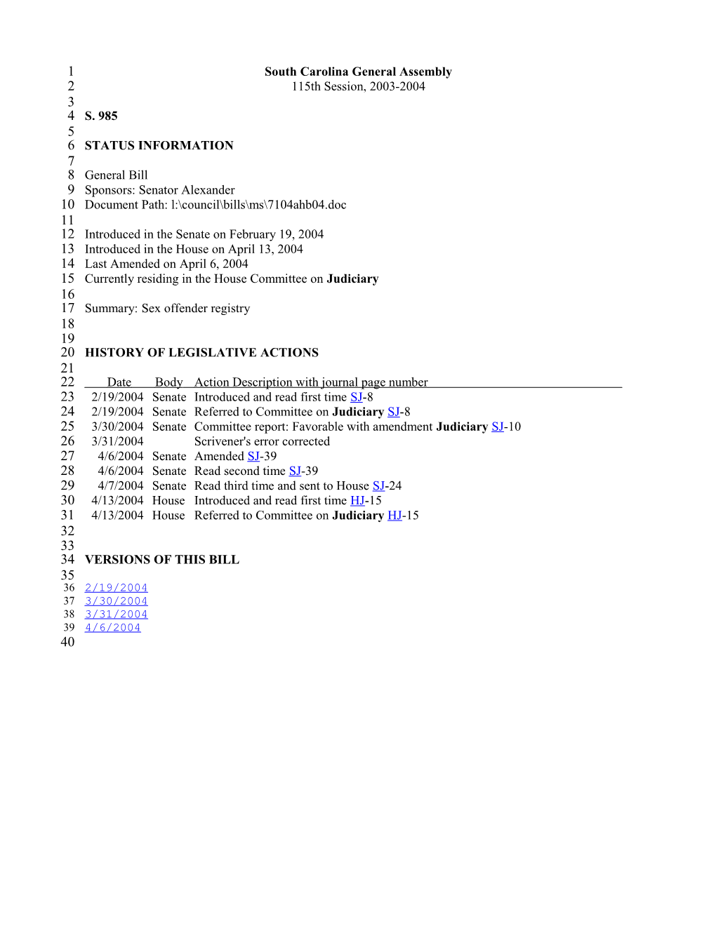 2003-2004 Bill 985: Sex Offender Registry - South Carolina Legislature Online