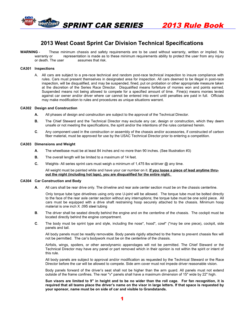 2013West Coastsprint Car Division Technical Specifications