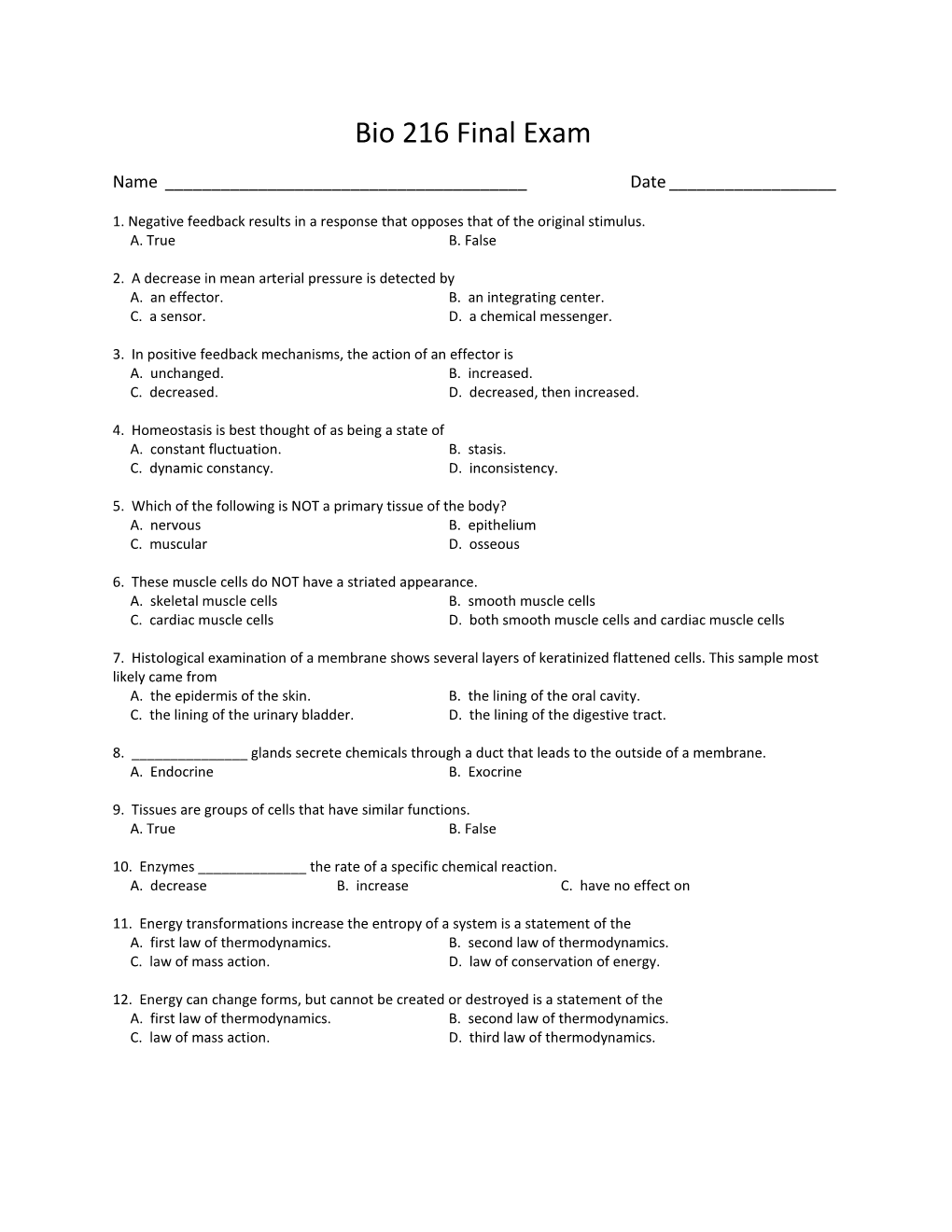 Bio 216 Final Exam