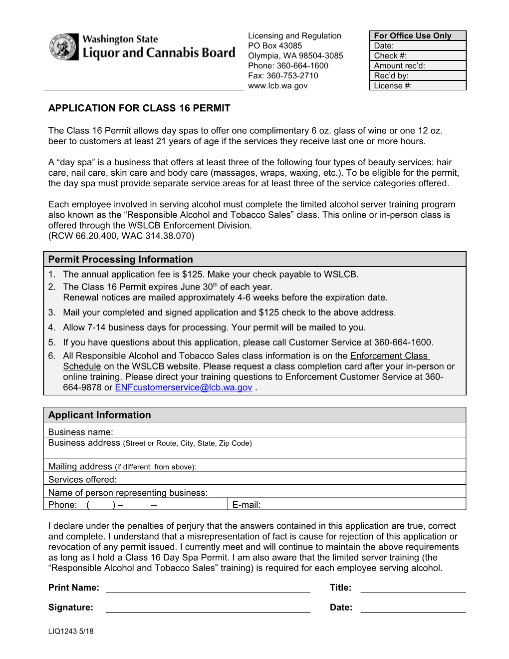 Application for Class 16 Permit