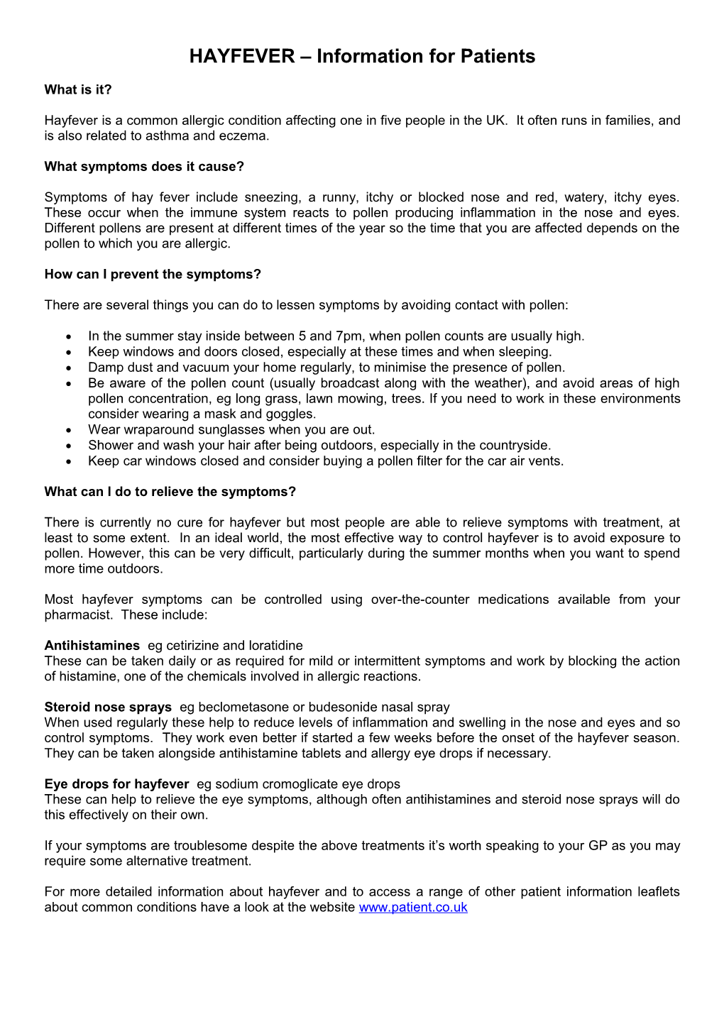 HAYFEVER Information for Patients