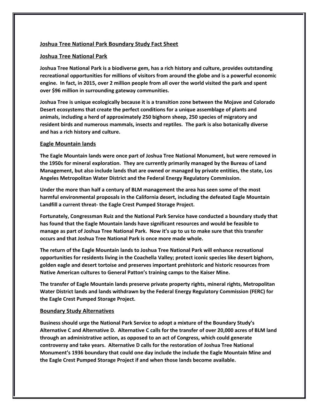 Joshua Tree National Park Boundary Study Fact Sheet