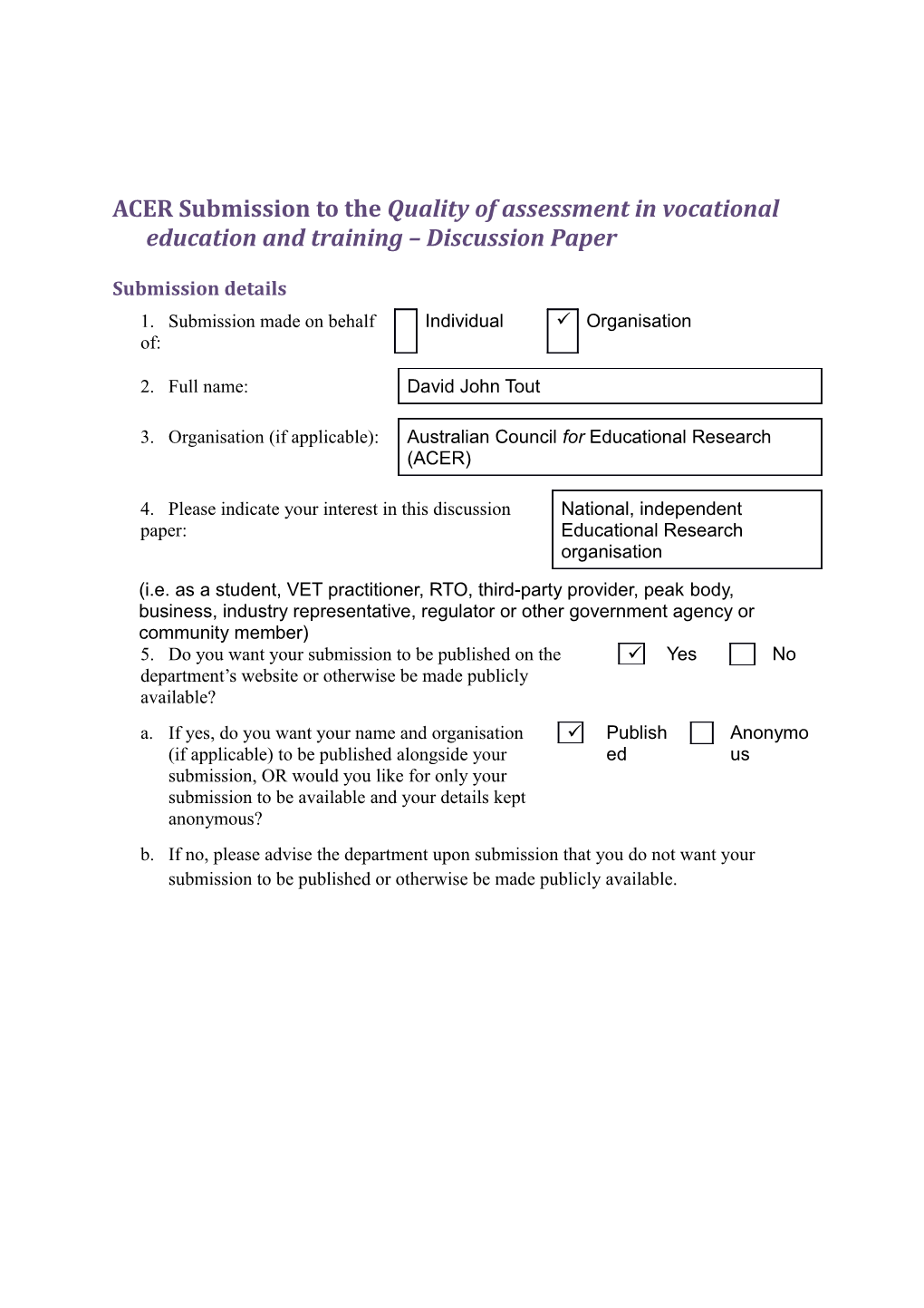 ACER Submission to the Quality of Assessment in Vocational Education and Training Discussion