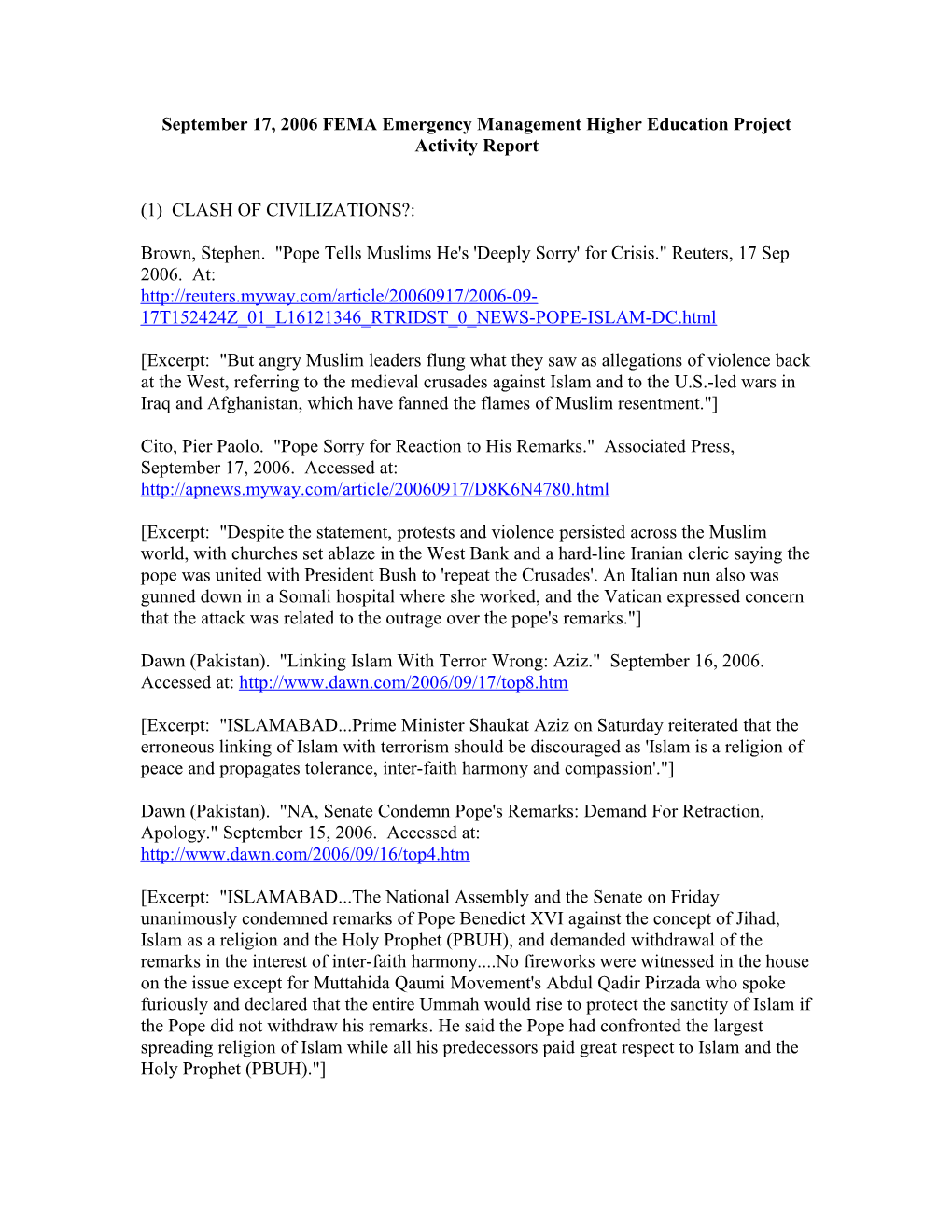 September 17, 2006 FEMA Emergency Management Higher Education Project Activity Report