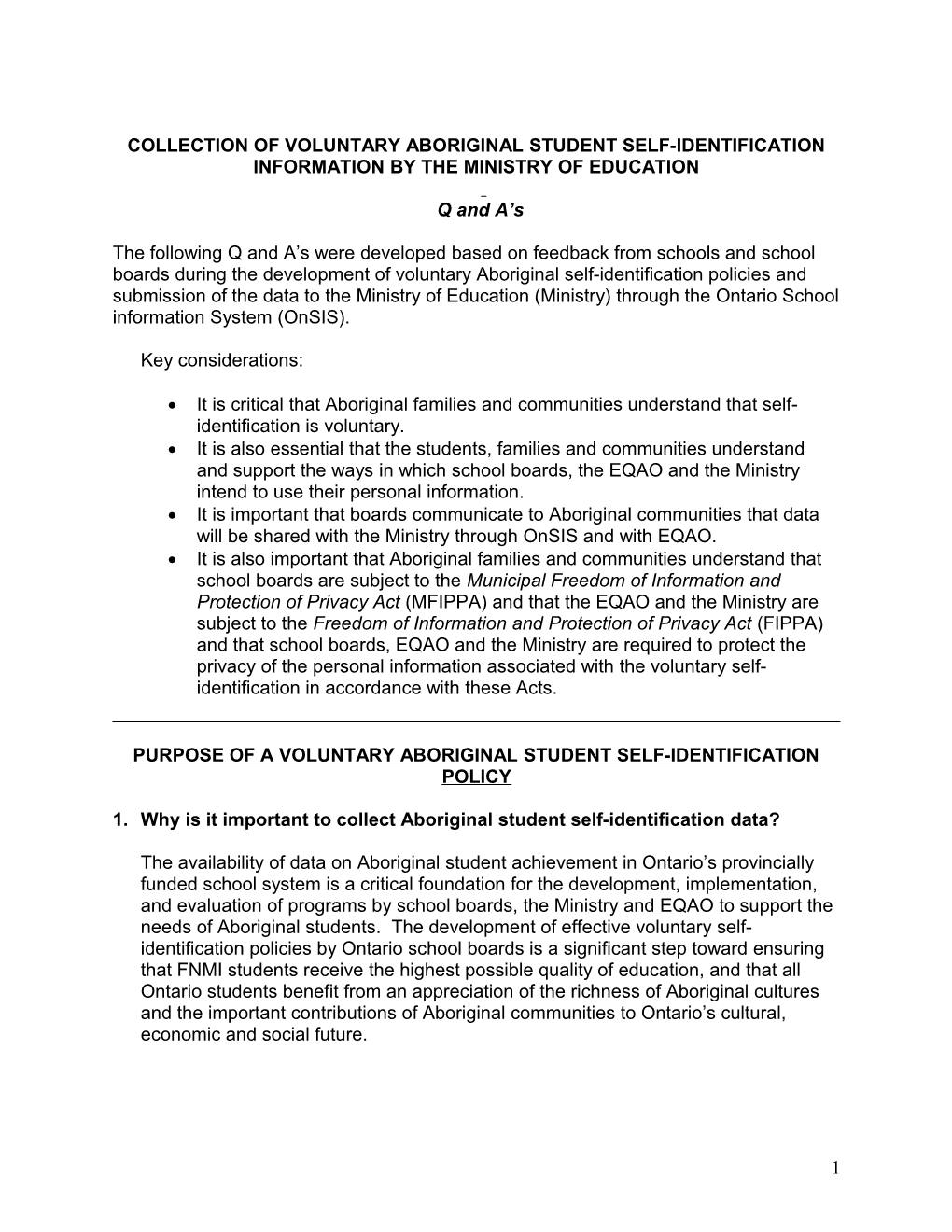 Collection of Voluntary Aboriginal Student Self-Identification Information by the Ministry