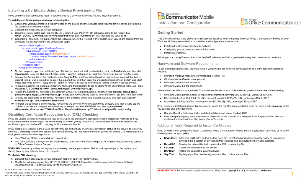 Communicator Mobile (2007 Release) Quick Reference Card - Installation and Configuration