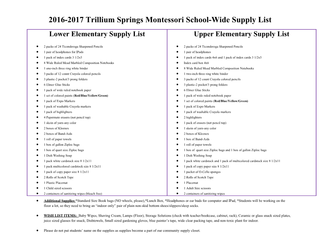 2016-2017 Trillium Springs Montessori School-Wide Supply List