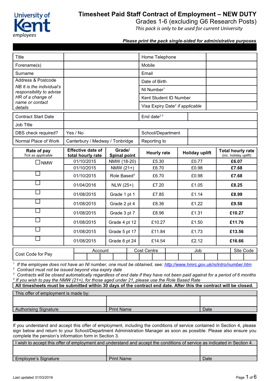 Section 1 Contract of Employment for Completion by Employing Dept