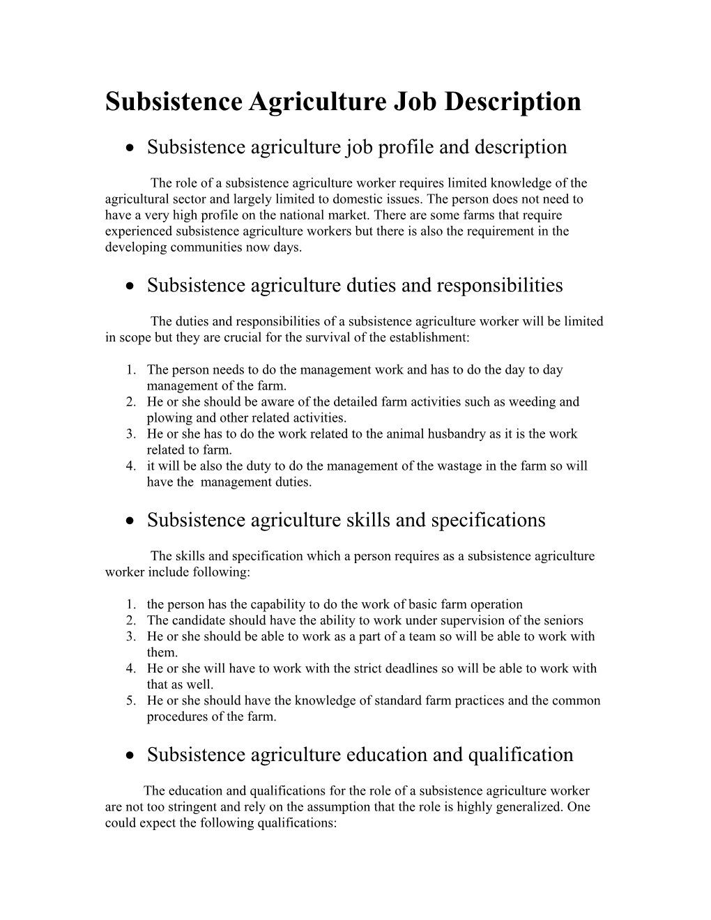 Subsistence Agriculture Job Description