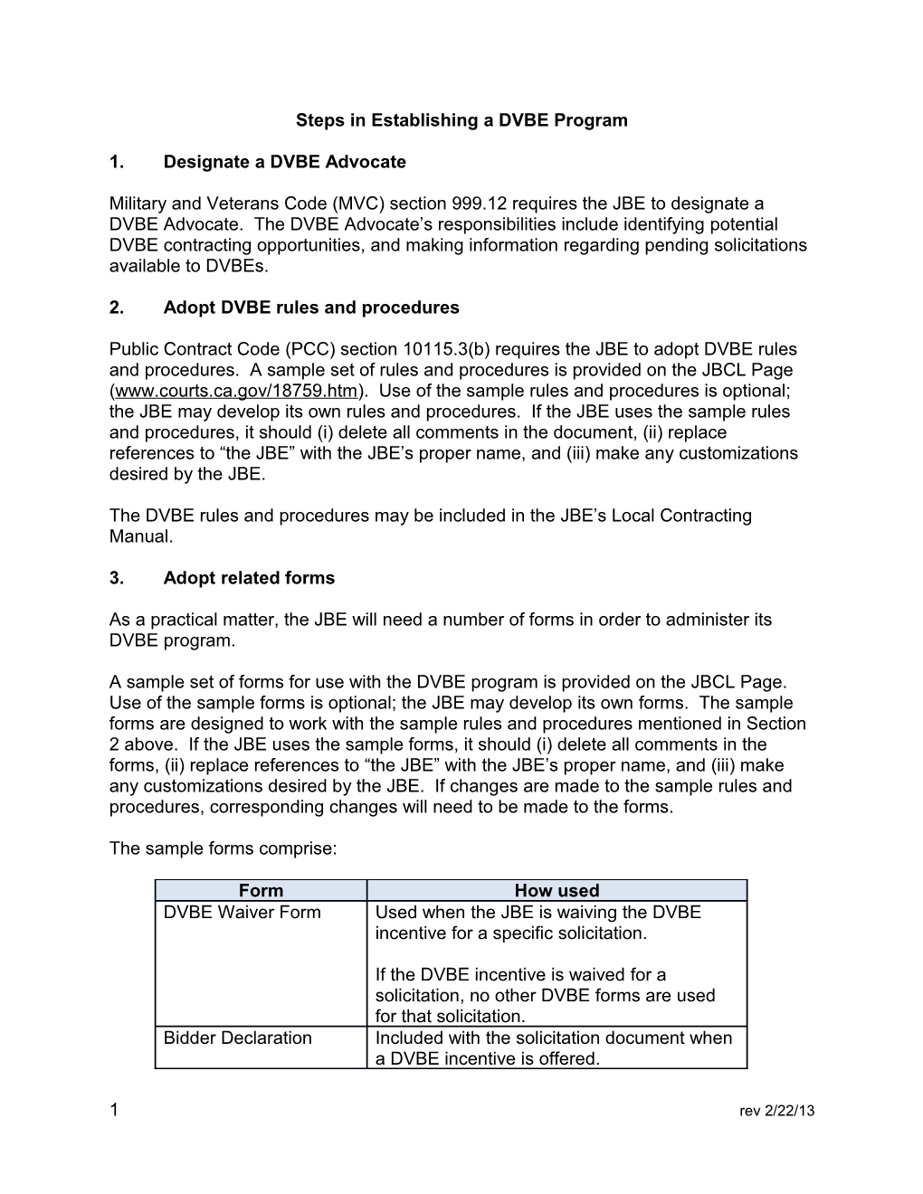 Steps in Establishing a DVBE Program