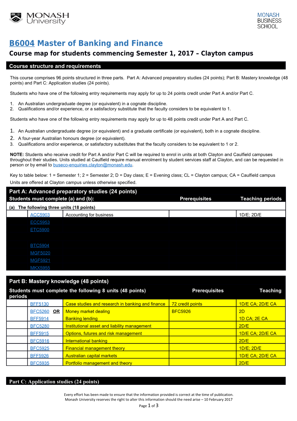 Course Map for Students Commencing Semester 1, 2017 Clayton Campus