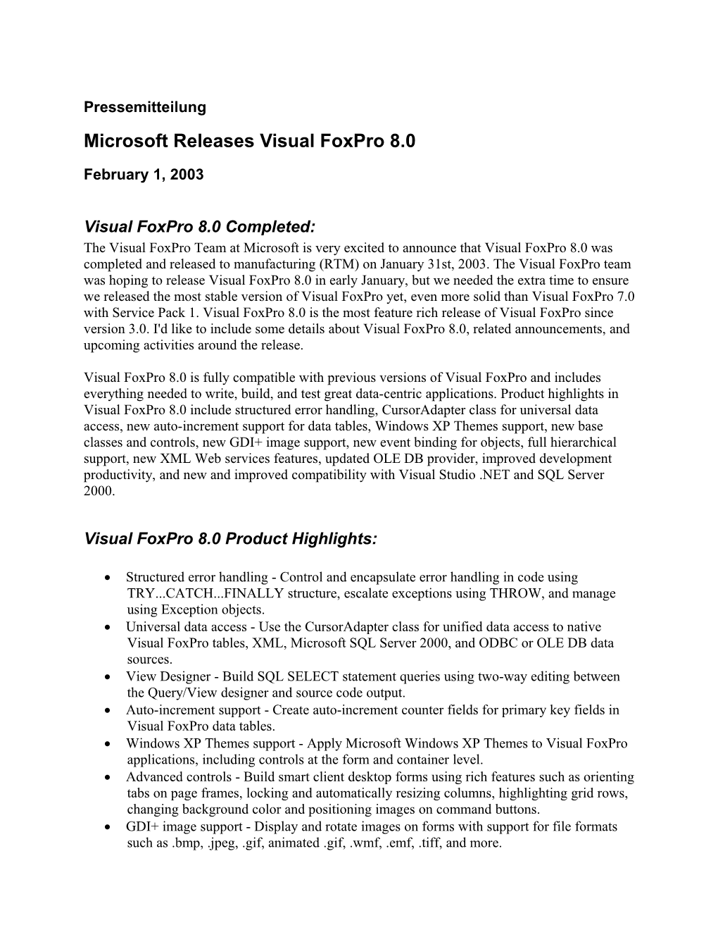 Microsoft Release Visual Foxpro 8.0