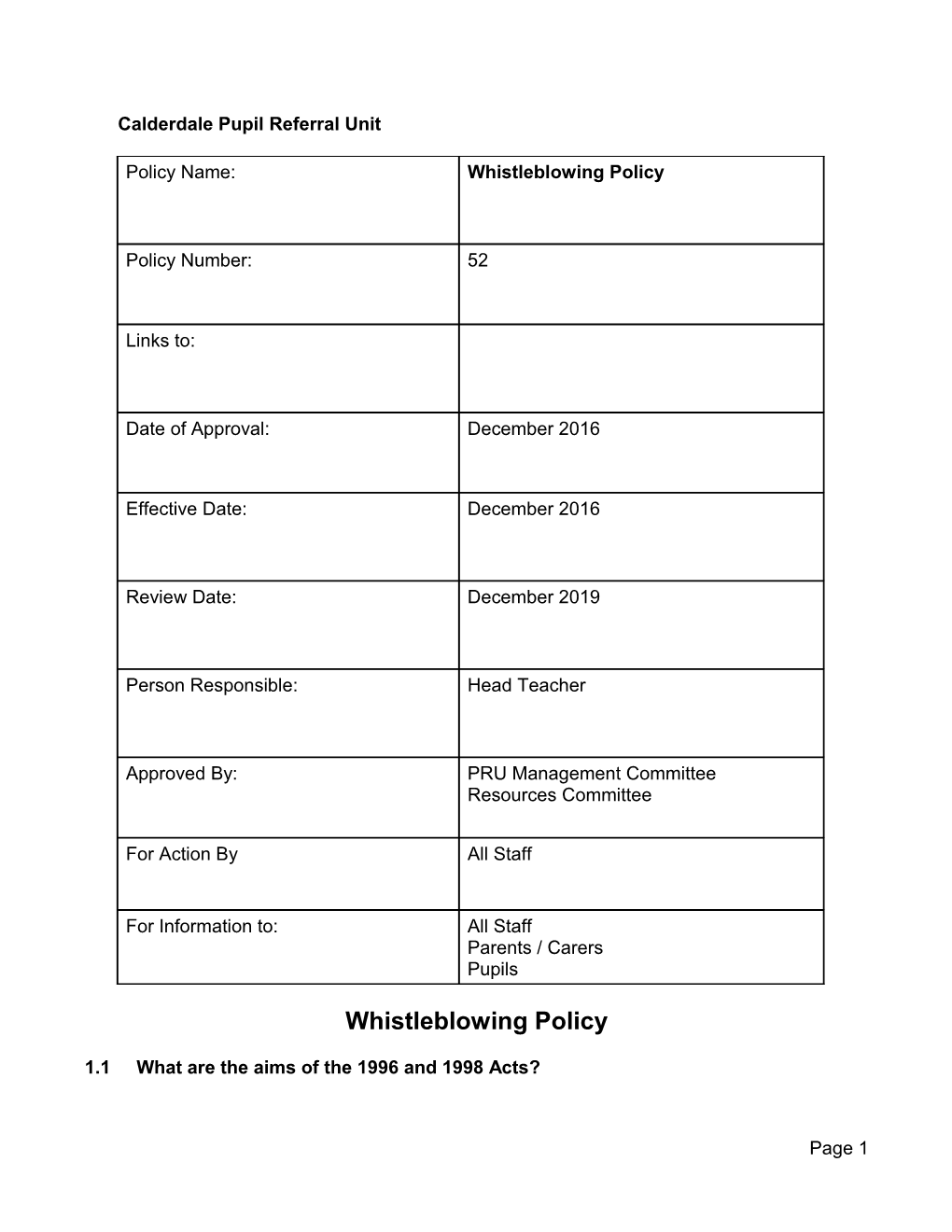 This Document Contains a Word Version of the Whistleblowing Policy for Your Schools Adoption