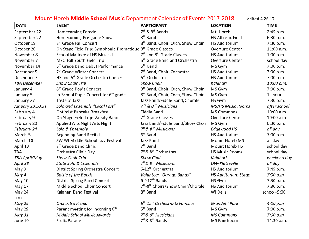 Mount Horeb Middle School Music Department Calendar of Events 2005-2006