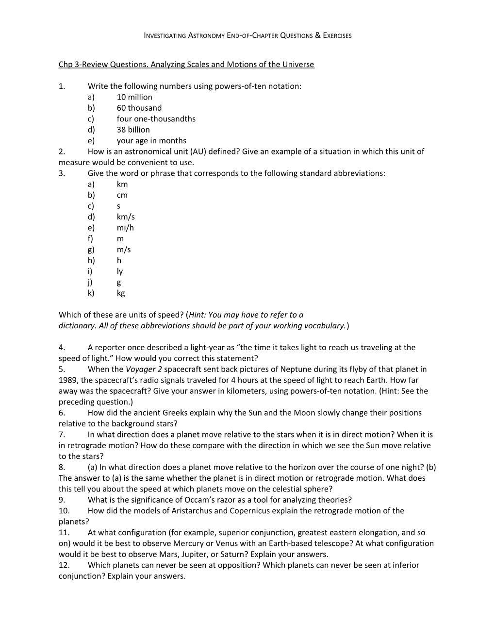 Investigating Astronomy End-Of-Chapter Questions & Exercises