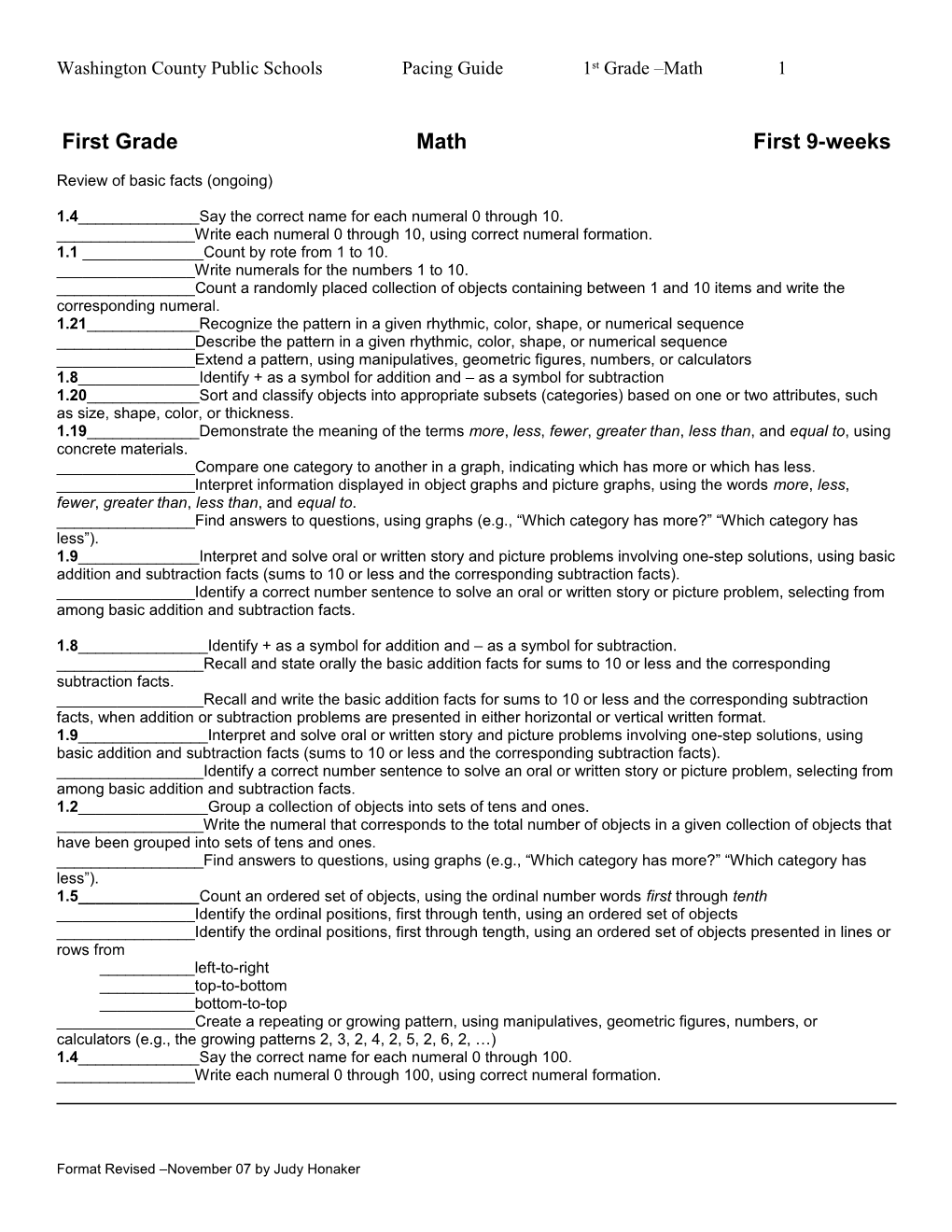 Washington County Public Schools Pacing Guide 1St Grade Math 1