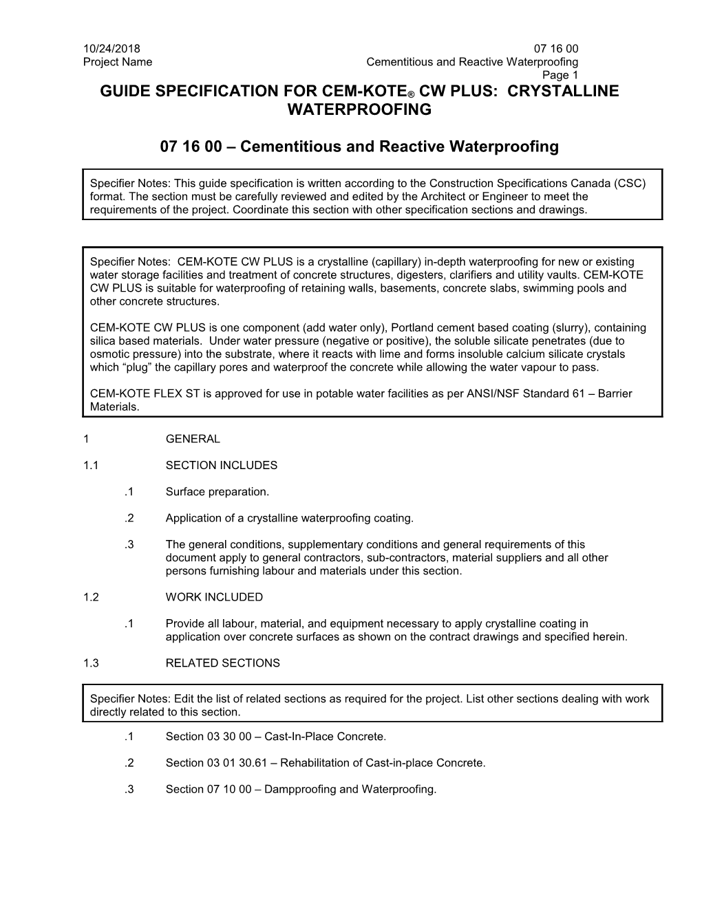 Guide Specification for Cem-Kote Cw Plus: Crystalline Waterproofing